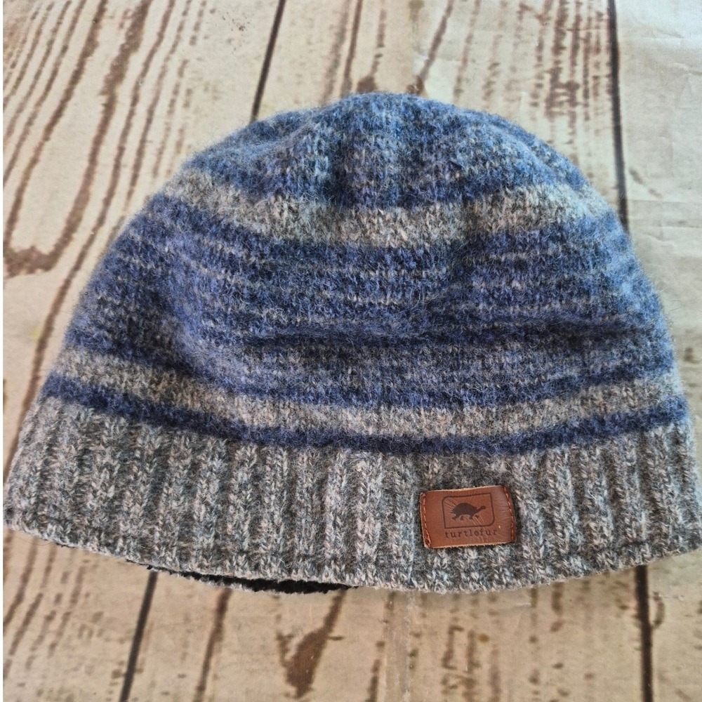 Turtle Fur Lambswool Blend Fleece Lined Striped Beanie Hat Blue Grey Mens Womens